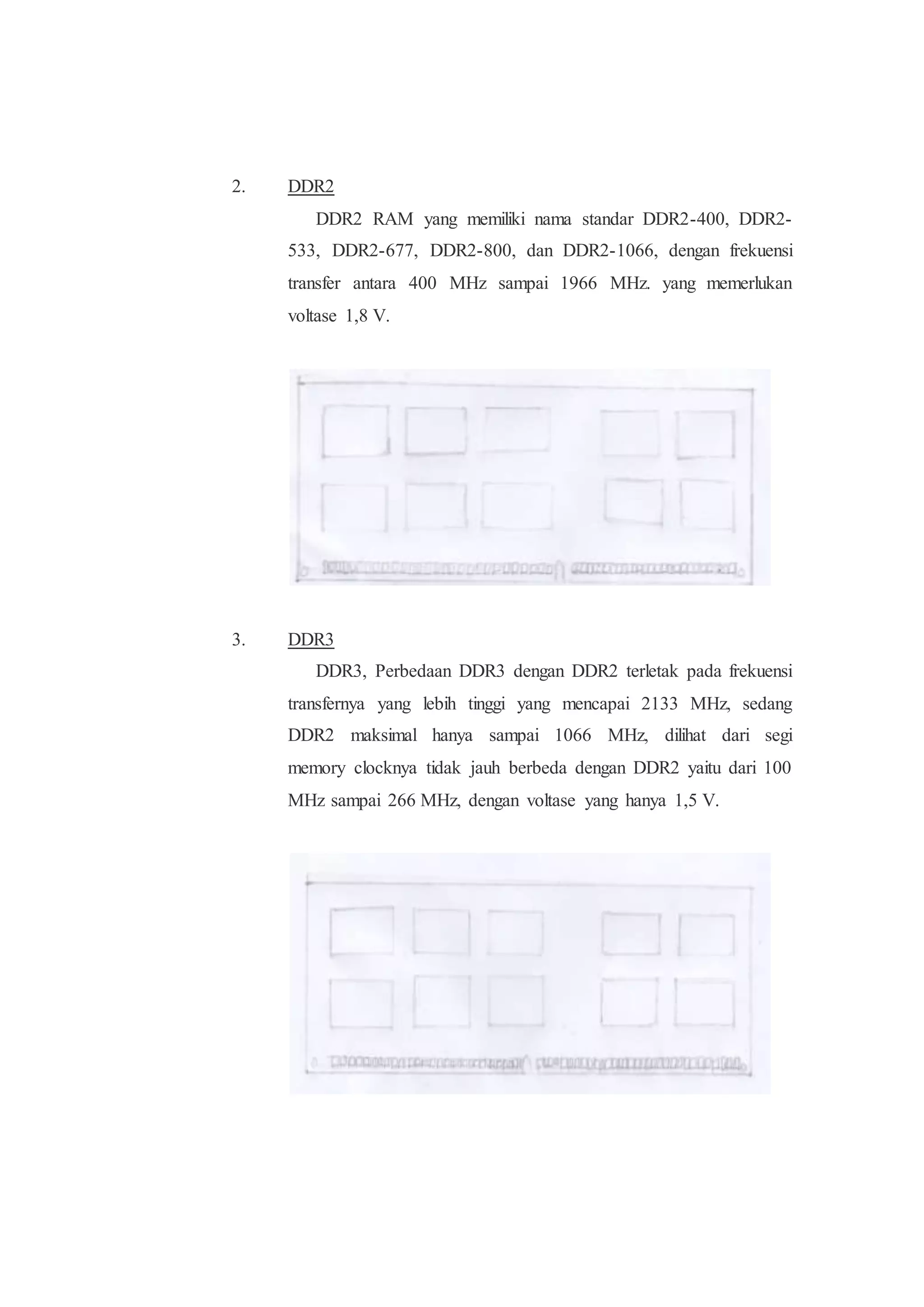 2. DDR2
DDR2 RAM yang memiliki nama standar DDR2-400, DDR2-
533, DDR2-677, DDR2-800, dan DDR2-1066, dengan frekuensi
transfer antara 400 MHz sampai 1966 MHz. yang memerlukan
voltase 1,8 V.
3. DDR3
DDR3, Perbedaan DDR3 dengan DDR2 terletak pada frekuensi
transfernya yang lebih tinggi yang mencapai 2133 MHz, sedang
DDR2 maksimal hanya sampai 1066 MHz, dilihat dari segi
memory clocknya tidak jauh berbeda dengan DDR2 yaitu dari 100
MHz sampai 266 MHz, dengan voltase yang hanya 1,5 V.
 