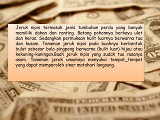 Jeruk nipis termasuk jenis tumbuhan perdu yang banyak
memiliki dahan dan ranting. Batang pohonnya berkayu ulet
dan keras. Sedangkan permukaan kulit luarnya berwarna tua
dan kusam. Tanaman jeruk nipis pada buahnya berbentuk
bulat sebesar bola pingpong berwarna (kulit luar) hijau atau
kekuning-kuningan.Buah jeruk nipis yang sudah tua rasanya
asam. Tanaman jeruk umumnya menyukai tempat_tempat
yang dapat memperoleh sinar matahari langsung.

1/6/2014

pratikum ke 2

2

 