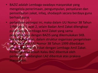 • BAZIZ adalah Lembaga swadaya masyarakat yang
mengelola penerimaan, pengumpulan, penyaluran dan
pemanfaatan zakat, infaq,...