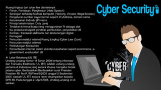 Ruang lingkup dari cyber law diantaranya :
• Fitnah, Penistaan, Penghinaan (Hate Speech)
• Serangan terhadap fasilitas komputer (Hacking, Viruses, Illegal Access)
• Pengaturan sumber daya internet seperti IP-Address, domain name
• Kenyamanan Individu (Privacy)
• Prinsip kehati-hatian (Duty care)
• Tindakan kriminal biasa yang menggunakan TI sebagai alat
• Isu prosedural seperti yuridiksi, pembuktian, penyelidikan dll
• Kontrak / transaksi elektronik dan tanda tangan digital
• Pornografi
• Pencurian melalui Internet Ruang Lingkup Cyber Law (Cont)
• Pencurian melalui Internet
• Perlindungan Konsumen
• Pemanfaatan internet dalam aktivitas keseharian seperti ecommerce, e-
government, e-education dll
Content Here
 Presentation
 Portfolio Presentation
 Simple Portfolio
 Portfolio
 Simple Presentation
 Latar Belakang UU ITE
Undang-undang Nomor 11 Tahun 2008 tentang informasi
dan Transaksi Elektronik (UU ITE) adalah undang undang
pertama di Indonesia yang secara khusus mengatur tindak
pidana cyber. Berdasarkan Berdasarkan surat Presiden
Presiden RI. No.R./70/Pres/9/2005 tanggal 5 September
2005, naskah UU ITE secara resmi disampaikan kepada
DPR RI. Pada tanggal 21 April 2008, Undang-undang ini di
sahkan.
 