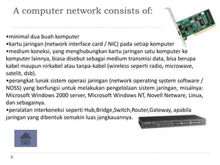 A computer network consists of:

•minimal dua buah komputer
•kartu jaringan (network interface card / NIC) pada setiap komputer
•medium koneksi, yang menghubungkan kartu jaringan satu komputer ke
komputer lainnya, biasa disebut sebagai medium transmisi data, bisa berupa
kabel maupun nirkabel atau tanpa-kabel (wireless seperti radio, microwave,
satelit, dsb).
•perangkat lunak sistem operasi jaringan (network operating system software /
NOSS) yang berfungsi untuk melakukan pengelolaan sistem jaringan, misalnya:
Microsoft Windows 2000 server, Microsoft Windows NT, Novell Netware, Linux,
dan sebagainya.
•peralatan interkoneksi seperti Hub,Bridge,Switch,Router,Gateway, apabila
jaringan yang dibentuk semakin luas jangkauannya.
 