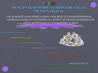 B A B   IV MENCIPTAKAN PEMBELAJARAN KREATIF dan MENYENANGKAN UNTUK MENCIPTAKAN PEMBELAJARAN YANG KREATIF DAN MENYENANGKAN DIPERLUKAN BERBAGAI KETERAMPILAN, SEPERTI KETERAMPILAN BMENGAJAR UNTUK MENENTUKAN KUALITAS PEMBELAJARAN . KETRAMPILAN TERSEBUT ANTARA LAIN : KETERAMPILAN BERTANYA,  MEMBERI PENGUATAN,  MENGADAKAN VARIASI,    MENJELASKAN PELAJARAN,  MEMBUKA DAN MENUTUP PELAJARAN ,  MEMBIMBING DISKUSI KELOMPOK KECIL, MENGELOLA KELAS DAN MENGAJAR KELOMPOK KECIL DAN PERORANGAN 