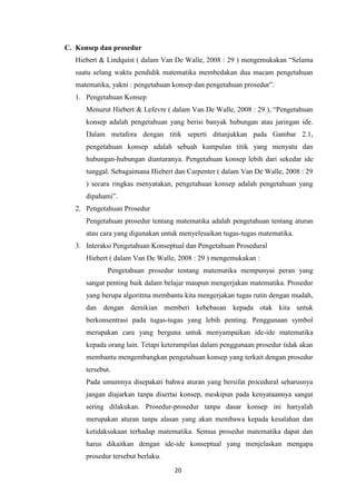 20
C. Konsep dan prosedur
Hiebert & Lindquist ( dalam Van De Walle, 2008 : 29 ) mengemukakan “Selama
suatu selang waktu pendidik matematika membedakan dua macam pengetahuan
matematika, yakni : pengetahuan konsep dan pengetahuan prosedur”.
1. Pengetahuan Konsep
Menurut Hiebert & Lefevre ( dalam Van De Walle, 2008 : 29 ), “Pengetahuan
konsep adalah pengetahuan yang berisi banyak hubungan atau jaringan ide.
Dalam metafora dengan titik seperti ditunjukkan pada Gambar 2.1,
pengetahuan konsep adalah sebuah kumpulan titik yang menyatu dan
hubungan-hubungan diantaranya. Pengetahuan konsep lebih dari sekedar ide
tunggal. Sebagaimana Hiebert dan Carpenter ( dalam Van De Walle, 2008 : 29
) secara ringkas menyatakan, pengetahuan konsep adalah pengetahuan yang
dipahami”.
2. Pengetahuan Prosedur
Pengetahuan prosedur tentang matematika adalah pengetahuan tentang aturan
atau cara yang digunakan untuk menyelesaikan tugas-tugas matematika.
3. Interaksi Pengetahuan Konseptual dan Pengetahuan Prosedural
Hiebert ( dalam Van De Walle, 2008 : 29 ) mengemukakan :
Pengetahuan prosedur tentang matematika mempunyai peran yang
sangat penting baik dalam belajar maupun mengerjakan matematika. Prosedur
yang berupa algoritma membantu kita mengerjakan tugas rutin dengan mudah,
dan dengan demikian memberi kebebasan kepada otak kita untuk
berkonsentrasi pada tugas-tugas yang lebih penting. Penggunaan symbol
merupakan cara yang berguna untuk menyampaikan ide-ide matematika
kepada orang lain. Tetapi keterampilan dalam penggunaan prosedur tidak akan
membantu mengembangkan pengetahuan konsep yang terkait dengan prosedur
tersebut.
Pada umumnya disepakati bahwa aturan yang bersifat procedural seharusnya
jangan diajarkan tanpa disertai konsep, meskipun pada kenyataannya sangat
sering dilakukan. Prosedur-prosedur tanpa dasar konsep ini hanyalah
merupakan aturan tanpa alasan yang akan membawa kepada kesalahan dan
ketidaksukaan terhadap matematika. Semua prosedur matematika dapat dan
harus dikaitkan dengan ide-ide konseptual yang menjelaskan mengapa
prosedur tersebut berlaku.
 