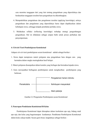 cara meminta tanggapan dari yang lain tentang pengetahuan yang diperolehnya dan
     berdasarkan tanggapan tersebut baru pengetahuan itu dikembangkan.

  4. Mempraktikkan pengetahuan dan pengalaman tersebut (applying knowledge), artinya
     pengetahuan dan pengalaman yang diperolehnya harus dapat diaplikasikan dalam
     kehidupan siswa, sehingga tampak perubahan perilaku siswa.

  5. Melakukan refleksi (reflecting knowledge) terhadap strategi pengembangan
     pengetahuan. Hal ini dilakukan sebagai umpan balik untuk proses perbaikan dan
     penyempurnaan.




4. Ciri-ciri Teori Pembelajaran Kontekstual

Adapun ciri-ciri teori pembelajaran secara kontekstual adalah sebagai berikut :

1. Siswa dapat memproses materi pelajaran atau pengetahuan baru dengan cara          yang
    bermakna dalam rangka meningkatkan hasil belajar.

2. Materi pelajaran disampaikan dalam konteks yang berbagai dan bermakna kepada siswa.

3. Guru mewujudkan berbagaian pembelajaran untuk menghasilkan            pembelajaran yang
    berkesan.

                                                     Pengalaman harian individu


           Persekolaha                               Kehidupan masyarakat
           n
                                                     Alam pekerja


                 Gambar 2.2 Pengenalan Pembelajaran secara Kontekstual




5. Penerapan Pendekatan Kontekstual Di Kelas

       Pembelajaran Kontekstual dapat diterapkan dalam kurikulum apa saja, bidang studi
apa saja, dan kelas yang bagaimanapun keadaannya. Pendekatan Pembelajaran Kontekstual
dalam kelas cukup mudah. Secara garis besar, langkahnya sebagai berikut :
 