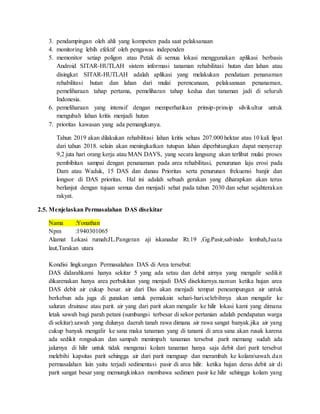 3. pendampingan oleh ahli yang kompeten pada saat pelaksanaan
4. monitoring lebih efektif oleh pengawas independen
5. memonitor setiap poligon atau Petak di semua lokasi menggunakan aplikasi berbasis
Android SITAR-HUTLAH sistem informasi tanaman rehabilitasi hutan dan lahan atau
disingkat SITAR-HUTLAH adalah aplikasi yang melakukan pendataan penanaman
rehabilitasi hutan dan lahan dari mulai perencanaan, pelaksanaan penanaman,
pemeliharaan tahap pertama, pemeliharan tahap kedua dan tanaman jadi di seluruh
Indonesia.
6. pemeliharaan yang intensif dengan memperhatikan prinsip-prinsip silvikultur untuk
mengubah lahan kritis menjadi hutan
7. prioritas kawasan yang ada pemangkunya.
Tahun 2019 akan dilakukan rehabilitasi lahan kritis seluas 207.000 hektar atau 10 kali lipat
dari tahun 2018. selain akan meningkatkan tutupan lahan diperhitungkan dapat menyerap
9,2 juta hari orang kerja atau MAN DAYS, yang secara langsung akan terlibat mulai proses
pembibitan sampai dengan penanaman pada area rehabilitasi, penurunan laju erosi pada
Dam atau Waduk, 15 DAS dan danau Prioritas serta penurunan frekuensi banjir dan
longsor di DAS prioritas. Hal ini adalah sebuah gerakan yang diharapkan akan terus
berlanjut dengan tujuan semua dan menjadi sehat pada tahun 2030 dan sehat sejahterakan
rakyat.
2.5. Menjelaskan Permasalahan DAS disekitar
Nama :Yonathan
Npm :1940301065
Alamat Lokasi rumah:JL.Pangeran aji iskanadar Rt.19 ,Gg.Pasir,sabindo lembah,Juata
laut,Tarakan utara
Kondisi lingkungan Permasalahan DAS di Area tersebut:
DAS didarahkami hanya sekitar 5 yang ada setau dan debit airnya yang mengalir sedikit
dikarenakan hanya area perbukitan yang menjadi DAS disekitarnya.namun ketika hujan area
DAS debit air cukup besar. air dari Das akan menjadi tempat peneampungan air untuk
berkebun ada juga di gunakan untuk pemakain sehari-hari.selebihnya akan mengalir ke
saluran drainase atau parit. air yang dari parit akan mengalir ke hilir lokasi kami yang dimana
letak sawah bagi parah petani (sumbangsi terbesar di sekor pertanian adalah pendapatan warga
di sekitar).sawah yang dulunya daerah tanah rawa dimana air rawa sangat banyak.jika air yang
cukup banyak mengalir ke sana maka tanaman yang di tanami di area sana akan rusak karena
ada sedikit rongsakan dan sampah menimpah tanaman tersebut .parit memang sudah ada
jalurnya di hilir untuk tidak mengenai kolam tanaman hanya saja debit dari parit tersebut
melebihi kapsitas parit sehingga air dari parit menguap dan merambah ke kolam/sawah.dan
permasalahan lain yaitu terjadi sedimentasi pasir di area hilir. ketika hujan deras debit air di
parit sangat besar yang memungkinkan membawa sedimen pasir ke hilir sehingga kolam yang
 