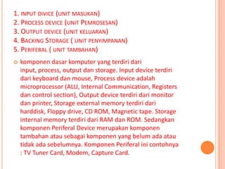 1. INPUT DIVICE (UNIT MASUKAN)
2. PROCESS DEVICE (UNIT PEMROSESAN)
3. OUTPUT DEVICE (UNIT KELUARAN)
4. BACKING STORAGE ( UNIT PENYIMPANAN)
5. PERIFERAL ( UNIT TAMBAHAN)
   komponen dasar komputer yang terdiri dari
    input, process, output dan storage. Input device terdiri
    dari keyboard dan mouse, Process device adalah
    microprocessor (ALU, Internal Communication, Registers
    dan control section), Output device terdiri dari monitor
    dan printer, Storage external memory terdiri dari
    harddisk, Floppy drive, CD ROM, Magnetic tape. Storage
    internal memory terdiri dari RAM dan ROM. Sedangkan
    komponen Periferal Device merupakan komponen
    tambahan atau sebagai komponen yang belum ada atau
    tidak ada sebelumnya. Komponen Periferal ini contohnya
    : TV Tuner Card, Modem, Capture Card.
 