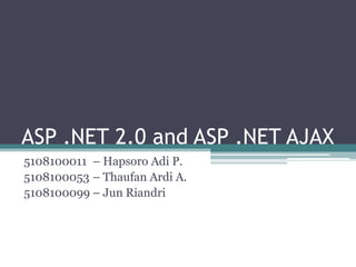 ASP .NET 2.0 and ASP .NET AJAX 5108100011	– Hapsoro Adi P. 5108100053	– Thaufan Ardi A. 5108100099	– Jun Riandri 