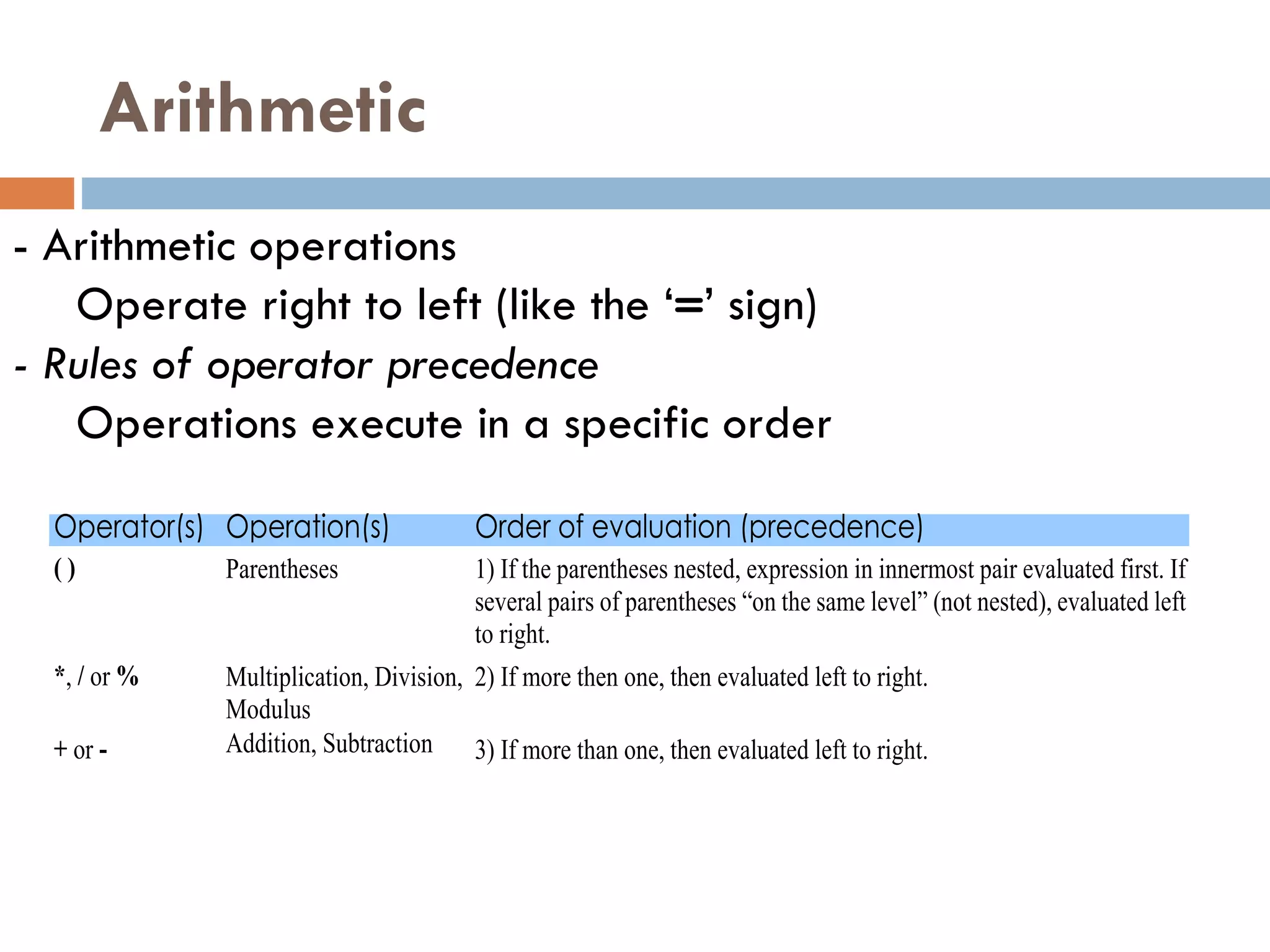 Arithmetic -  Arithmetic operations  Operate right to left (like the ‘ = ’ sign) -  Rules of operator precedence   Operations execute in a specific order 
