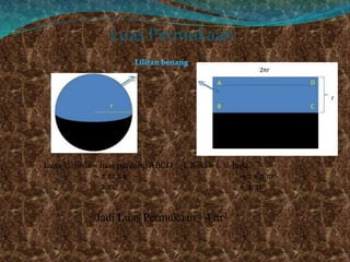 Luas Permukaan
Luas ½ bola = luas panjang ABCD L Bola = L ½ bola
= 2 πr x r = 2 x 2 πr2
= 2 πr2 = 4 πr2
Jadi Luas Permukaan =4 πr2
 
