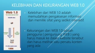• Kelebihan dari WEB 1.0 adalah
memudahkan pengaksesan informasi
dan memiliki sifat yang sedikit interaktif.
• Kekurangan dari WEB 1.0 adalah
pengguna ( pengunjung WEB ) yang
harus masuk ke dalam website tersebut
dan harus melihat satu persatu konten
yang ada
KELEBIHAN DAN KEKURANGAN WEB 1.0
 