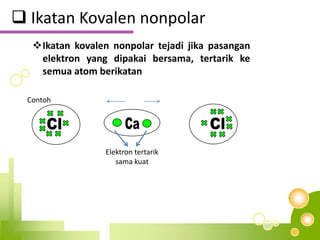  Ikatan Kovalen nonpolar
Ikatan kovalen nonpolar tejadi jika pasangan
elektron yang dipakai bersama, tertarik ke
semua atom berikatan
Contoh
Elektron tertarik
sama kuat
 