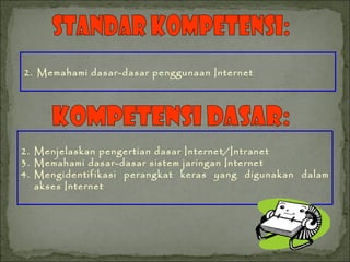 Memahami dasar-dasar penggunaan Internet STANDAR KOMPETENSI: KOMPETENSI DASAR: Menjelaskan pengertian dasar Internet/Intranet Memahami dasar-dasar sistem jaringan Internet Mengidentifikasi perangkat keras yang digunakan dalam akses Internet 