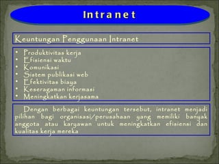 Produktivitas kerja Efisiensi waktu Komunikasi Sistem publikasi web Efektivitas biaya Keseragaman informasi Meningkatkan kerjasama Keuntungan Penggunaan Intranet Intranet Dengan berbagai keuntungan tersebut, intranet menjadi pilihan bagi organisasi/perusahaan yang memiliki banyak anggota atau karyawan untuk meningkatkan efisiensi dan kualitas kerja mereka 