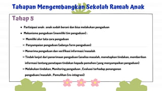 ● Partisipasi anak : anak sudah berani dan bisa melakukan pengaduan
● Mekanisme pengaduan (memiliki tim pengaduan) :
➢ Memiliki alur tata cara pengaduan
➢ Penyampaian pengaduan (adanya form pengaduan)
➢Menerima pengaduan dan verifikasi informasi/masalah
➢Tindak lanjut dari penerimaan pengaduan (analisa masalah, menetapkan tindakan, memberikan
informasi tentang penetapan tindakan kepada pemohon/yang menyampaikan pengaduan)
➢Melakukan tindakan, Monitoring pengaduan , Evaluasi terhadap penanganan
pengaduan/masalah , Pemulihan (re-integrasi)
Tahapan Mengembangkan Sekolah Ramah Anak
Tahap 5
 
