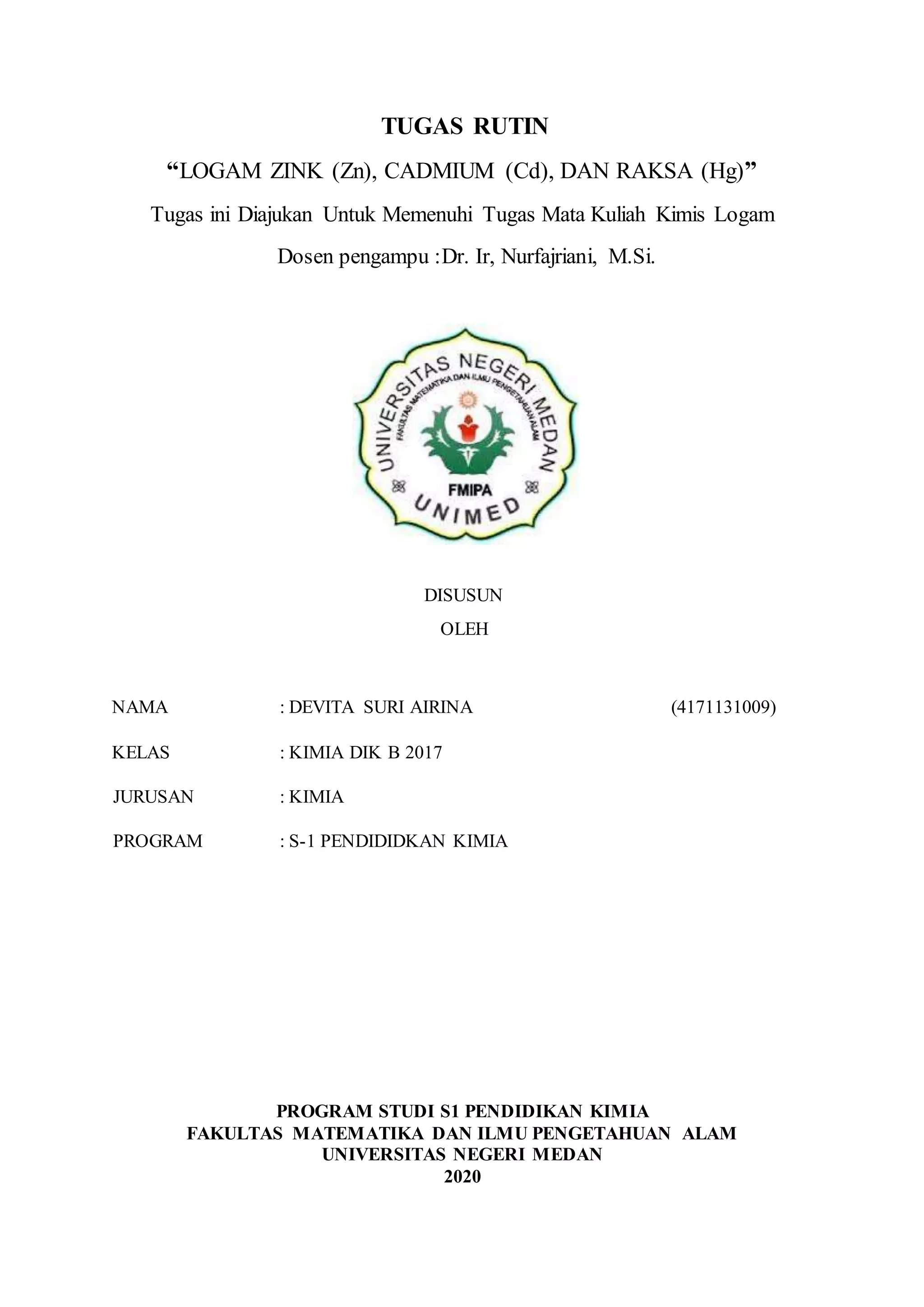 Logam Zn (zink) ,Cd (Cadmium), Hg (Raksa) | DOCX