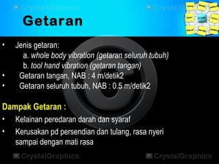 • Jenis getaran:
a. whole body vibration (getaran seluruh tubuh)
b. tool hand vibration (getaran tangan)
• Getaran tangan, NAB : 4 m/detik2
• Getaran seluruh tubuh, NAB : 0.5 m/detik2
Dampak Getaran :
• Kelainan peredaran darah dan syaraf
• Kerusakan pd persendian dan tulang, rasa nyeri
sampai dengan mati rasa
Getaran
 