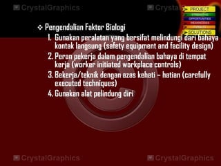  Pengendalian Faktor Biologi
1. Gunakan peralatan yang bersifat melindungi dari bahaya
kontak langsung (safety equipment and facility design)
2. Peran pekerja dalam pengendalian bahaya di tempat
kerja (worker initiated workplace controls)
3. Bekerja/teknik dengan azas kehati – hatian (carefully
executed techniques)
4. Gunakan alat pelindung diri
 