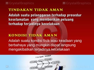 TINDAKAN TIDAK AMANTINDAKAN TIDAK AMAN
Adalah suatu pelanggaran terhadap prosedurAdalah suatu pelanggaran terhadap prosedur
keselamatan yang memberikan peluangkeselamatan yang memberikan peluang
terhadap terjadinya kecelakaanterhadap terjadinya kecelakaan
KONDISI TIDAK AMANKONDISI TIDAK AMAN
Adalah suatu kondisi fisik atau keadaan yang
berbahaya yang mungkin dapat langsung
mengakibatkan terjadinya kecelakaan
 