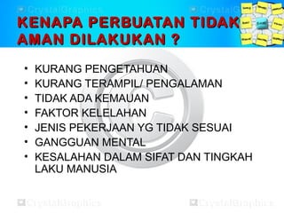 KENAPA PERBUATAN TIDAKKENAPA PERBUATAN TIDAK
AMAN DILAKUKAN ?AMAN DILAKUKAN ?
• KURANG PENGETAHUAN
• KURANG TERAMPIL/ PENGALAMAN
• TIDAK ADA KEMAUAN
• FAKTOR KELELAHAN
• JENIS PEKERJAAN YG TIDAK SESUAI
• GANGGUAN MENTAL
• KESALAHAN DALAM SIFAT DAN TINGKAH
LAKU MANUSIA
 
