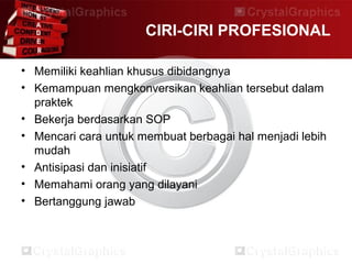 CIRI-CIRI PROFESIONAL
• Memiliki keahlian khusus dibidangnya
• Kemampuan mengkonversikan keahlian tersebut dalam
praktek
• Bekerja berdasarkan SOP
• Mencari cara untuk membuat berbagai hal menjadi lebih
mudah
• Antisipasi dan inisiatif
• Memahami orang yang dilayani
• Bertanggung jawab
 