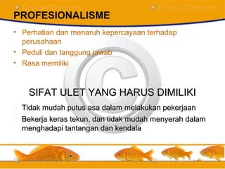 PROFESIONALISME
• Perhatian dan menaruh kepercayaan terhadap
perusahaan
• Peduli dan tanggung jawab
• Rasa memiliki
SIFAT ULET YANG HARUS DIMILIKISIFAT ULET YANG HARUS DIMILIKI
 Tidak mudah putus asa dalam melakukan pekerjaanTidak mudah putus asa dalam melakukan pekerjaan
 Bekerja keras tekun, dan tidak mudah menyerah dalamBekerja keras tekun, dan tidak mudah menyerah dalam
menghadapi tantangan dan kendalamenghadapi tantangan dan kendala
 