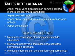 ASPEK KETELADANAN
• Aspek moral yang bisa dijadikan panutan pekerja
memiliki standar moral yang tinggi
• Aspek prestasi kerja
• Aspek sikap yang berkaitan dengan interaksi sesama
pekerja
• Aspek penampilan
SUKA MENOLONGSUKA MENOLONG
 Membantu rekan kerja atau bagian lain apabilaMembantu rekan kerja atau bagian lain apabila
dibutuhkandibutuhkan
 Menjawab pertanyaan dari rekan kerja berkaitanMenjawab pertanyaan dari rekan kerja berkaitan
penyelesaian pekerjaanpenyelesaian pekerjaan
 Membagi informasi dan pengalaman yang bermanfaatMembagi informasi dan pengalaman yang bermanfaat
 