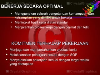 BEKERJA SECARA OPTIMAL
• Menggunakan seluruh pengetahuan kemampuan dan
ketrampilan yang dimiliki untuk bekerja
• Meningkat hasil kerja diatas standar
• Menjalankan proses kerja dengan cermat dan teliti
KOMITMEN TERHADAP PEKERJAANKOMITMEN TERHADAP PEKERJAAN
 Menjaga dan mempertahankan prestasi kerjaMenjaga dan mempertahankan prestasi kerja
 Melaksanakan pekerjaan sesuai dengan SOPMelaksanakan pekerjaan sesuai dengan SOP
 Menyelesaikan pekerjaan sesuai dengan target waktuMenyelesaikan pekerjaan sesuai dengan target waktu
yang ditetapkanyang ditetapkan
 