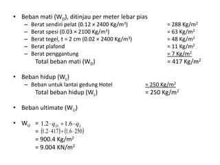 • Beban mati (WD), ditinjau per meter lebar pias
– Berat sendiri pelat (0.12 × 2400 Kg/m3) = 288 Kg/m2
– Berat spesi (0.03 × 2100 Kg/m3) = 63 Kg/m2
– Berat tegel, t = 2 cm (0.02 × 2400 Kg/m3) = 48 Kg/m2
– Berat plafond = 11 Kg/m2
– Berat penggantung = 7 Kg/m2
Total beban mati (WD) = 417 Kg/m2
• Beban hidup (WL)
– Beban untuk lantai gedung Hotel = 250 Kg/m2
Total beban hidup (WL) = 250 Kg/m2
• Beban ultimate (WU)
• WU =
=
= 900.4 Kg/m2
= 9.004 KN/m2
LD qq  6.12.1
   2506.14172.1 
 
