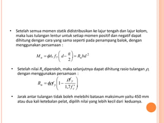 • Setelah semua momen statik didistribusikan ke lajur tengah dan lajur kolom,
maka luas tulangan lentur untuk setiap momen positif dan negatif dapat
dihitung dengan cara yang sama seperti pada penampang balok, dengan
menggunakan persamaan :
• Setelah nilai Ru diperoleh, maka selanjutnya dapat dihitung rasio tulangan ,
dengan menggunakan persamaan :
• Jarak antar tulangan tidak boleh melebihi batasan maksimum yaitu 450 mm
atau dua kali ketebalan pelat, dipilih nilai yang lebih kecil dari keduanya.
2a
uu  R bd
2

s y


 dM A f







c 
y
u y
1,7f
f
R f 1
 