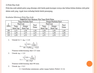 2) Pelat Dua Arah
Pelat dua arah adalah pelat yang ditumpu oleh balok pada keempat sisinya dan beban-beban ditahan oleh pelat
dalam arah yang tegak lurus terhadap balok-balok penunjang.
Ketebalan Minimum Pelat Dua Arah
 