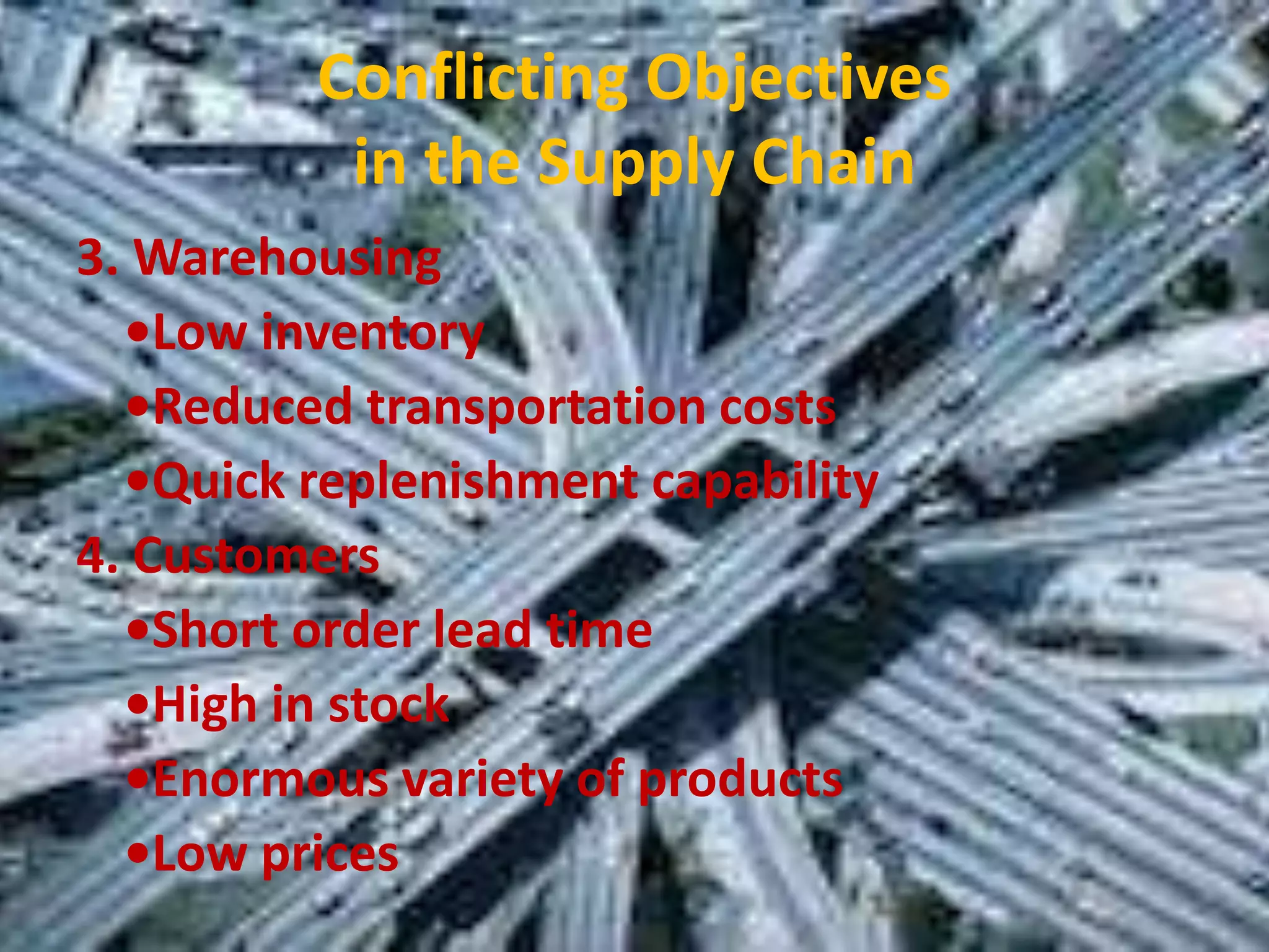 Conflicting Objectives
          in the Supply Chain
3. Warehousing
  •Low inventory
  •Reduced transportation costs
  •Quick replenishment capability
4. Customers
  •Short order lead time
  •High in stock
  •Enormous variety of products
  •Low prices
 
