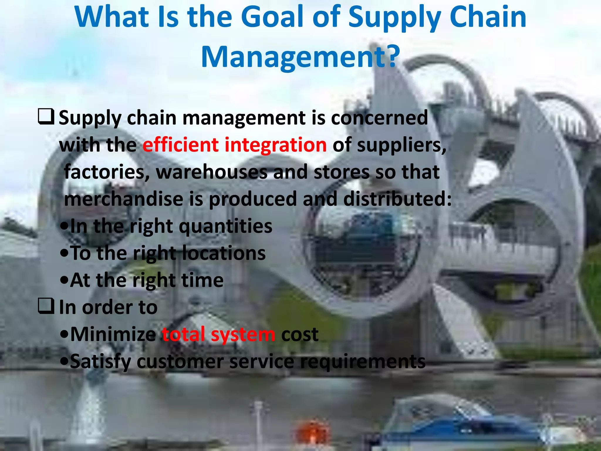 What Is the Goal of Supply Chain
             Management?
 Supply chain management is concerned
  with the efficient integration of suppliers,
   factories, warehouses and stores so that
   merchandise is produced and distributed:
  •In the right quantities
  •To the right locations
  •At the right time
 In order to
  •Minimize total system cost
  •Satisfy customer service requirements
 