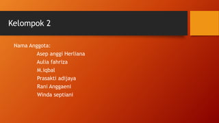 Kelompok 2
Nama Anggota:
Asep anggi Herliana
Aulia fahriza
M.iqbal
Prasakti adijaya
Rani Anggaeni
Winda septiani
 