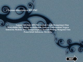 Tujuan Dibentuk BPUPKI Adalah Untuk Mempelajari Dan Menyelidiki Hal Penting Berhubungan Dengan Pembentukan Negara Indonesia Medeka Atau Mempersiapkan Hal-hal Penting Mengenai Tata Pemerintah Indonesia Merdeka.   Tujuan dibentuknya BPUPKI 