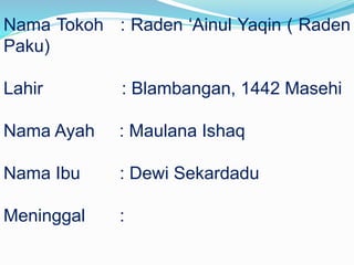 Nama Tokoh : Raden ‘Ainul Yaqin ( Raden
Paku)
Lahir : Blambangan, 1442 Masehi
Nama Ayah : Maulana Ishaq
Nama Ibu : Dewi Sekardadu
Meninggal :
 