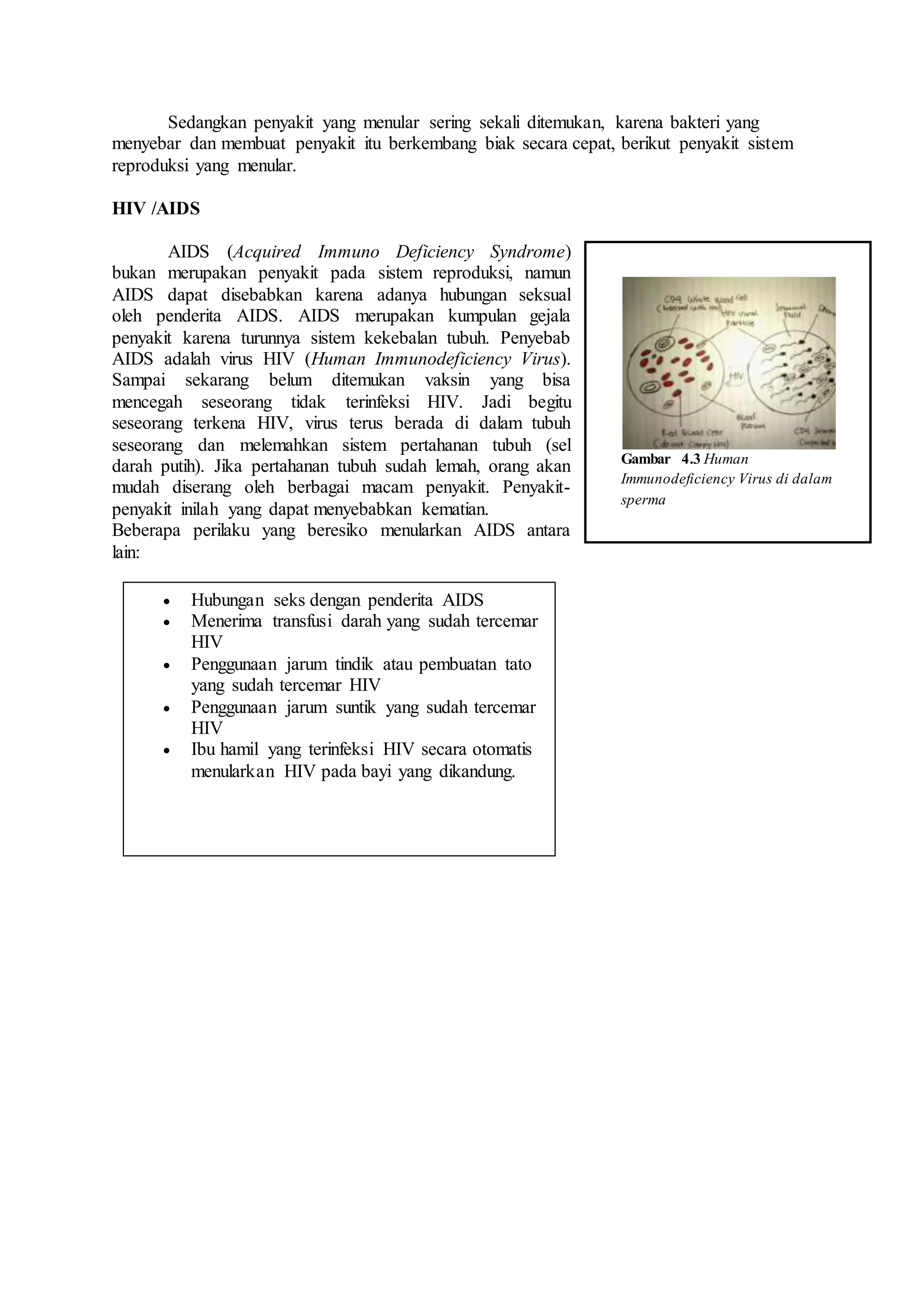 Sedangkan penyakit yang menular sering sekali ditemukan, karena bakteri yang
menyebar dan membuat penyakit itu berkembang biak secara cepat, berikut penyakit sistem
reproduksi yang menular.
HIV /AIDS
AIDS (Acquired Immuno Deficiency Syndrome)
bukan merupakan penyakit pada sistem reproduksi, namun
AIDS dapat disebabkan karena adanya hubungan seksual
oleh penderita AIDS. AIDS merupakan kumpulan gejala
penyakit karena turunnya sistem kekebalan tubuh. Penyebab
AIDS adalah virus HIV (Human Immunodeficiency Virus).
Sampai sekarang belum ditemukan vaksin yang bisa
mencegah seseorang tidak terinfeksi HIV. Jadi begitu
seseorang terkena HIV, virus terus berada di dalam tubuh
seseorang dan melemahkan sistem pertahanan tubuh (sel
darah putih). Jika pertahanan tubuh sudah lemah, orang akan
mudah diserang oleh berbagai macam penyakit. Penyakit-
penyakit inilah yang dapat menyebabkan kematian.
Beberapa perilaku yang beresiko menularkan AIDS antara
lain:
 Hubungan seks dengan penderita AIDS
 Menerima transfusi darah yang sudah tercemar
HIV
 Penggunaan jarum tindik atau pembuatan tato
yang sudah tercemar HIV
 Penggunaan jarum suntik yang sudah tercemar
HIV
 Ibu hamil yang terinfeksi HIV secara otomatis
menularkan HIV pada bayi yang dikandung.
Gambar 4.3 Human
Immunodeficiency Virus di dalam
sperma
 