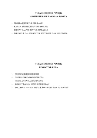 TUGAS SEMESTER PENDEK
ARSITEKTUR BERWAWASAN BUDAYA
- TEORI ARSITEKTUR PERILAKU
- KAJIAN ARSITEKTUR VERNAKULAR
- DIBUAT DALAM BENTUK MAKALAH
- DIKUMPUL DALAM BENTUK SOFT COPY DAN HARDCOPY
TUGAS SEMESTER PENDEK
PENGANTAR KOTA
- TEORI NEIGHBOOR HOOD
- TEORI PERKEMBANGAN KOTA
- TEORI AKTIVITAS PENDUDUK
- DIBUAT DALAM BENTUK MAKALAH
- DIKUMPUL DALAM BENTUK SOFT COPY DAN HARDCOPY
 