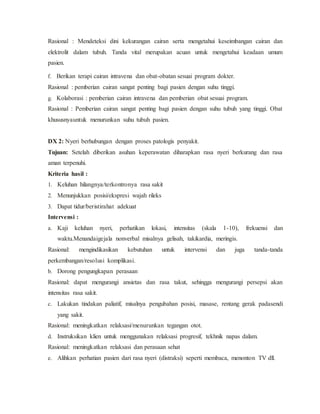 Rasional : Mendeteksi dini kekurangan cairan serta mengetahui keseimbangan cairan dan
elektrolit dalam tubuh. Tanda vital merupakan acuan untuk mengetahui keadaan umum
pasien.
f. Berikan terapi cairan intravena dan obat-obatan sesuai program dokter.
Rasional : pemberian cairan sangat penting bagi pasien dengan suhu tinggi.
g. Kolaborasi : pemberian cairan intravena dan pemberian obat sesuai program.
Rasional : Pemberian cairan sangat penting bagi pasien dengan suhu tubuh yang tinggi. Obat
khususnyauntuk menurunkan suhu tubuh pasien.
DX 2: Nyeri berhubungan dengan proses patologis penyakit.
Tujuan: Setelah diberikan asuhan keperawatan diharapkan rasa nyeri berkurang dan rasa
aman terpenuhi.
Kriteria hasil :
1. Keluhan hilangnya/terkontronya rasa sakit
2. Menunjukkan posisi/ekspresi wajah rileks
3. Dapat tidur/beristirahat adekuat
Intervensi :
a. Kaji keluhan nyeri, perhatikan lokasi, intensitas (skala 1-10), frekuensi dan
waktu.Menandaigejala nonverbal misalnya gelisah, takikardia, meringis.
Rasional: mengindikasikan kebutuhan untuk intervensi dan juga tanda-tanda
perkembangan/resolusi komplikasi.
b. Dorong pengungkapan perasaan
Rasional: dapat mengurangi ansietas dan rasa takut, sehingga mengurangi persepsi akan
intensitas rasa sakit.
c. Lakukan tindakan paliatif, misalnya pengubahan posisi, masase, rentang gerak padasendi
yang sakit.
Rasional: meningkatkan relaksasi/menurunkan tegangan otot.
d. Instruksikan klien untuk menggunakan relaksasi progresif, tekhnik napas dalam.
Rasional: meningkatkan relaksasi dan perasaan sehat
e. Alihkan perhatian pasien dari rasa nyeri (distraksi) seperti membaca, menonton TV dll.
 