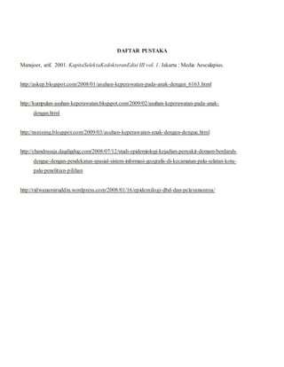 DAFTAR PUSTAKA
Mansjoer, arif. 2001. KapitaSelektaKedokteranEdisi III vol. 1. Jakarta : Media Aesculapius.
http://askep.blogspot.com/2008/01/asuhan-keperawatan-pada-anak-dengan_6163.html
http://kumpulan-asuhan-keperawatan.blogspot.com/2009/02/asuhan-keperawatan-pada-anak-
dengan.html
http://nsnining.blogspot.com/2009/03/asuhan-keperawatan-anak-dengan-dengue.html
http://chandrasaja.dagdigdug.com/2008/07/12/studi-epidemiologi-kejadian-penyakit-demam-berdarah-
dengue-dengan-pendekatan-spasial-sistem-informasi-geografis-di-kecamatan-palu-selatan-kota-
palu-penelitian-pilihan
http://ridwanamiruddin.wordpress.com/2008/01/16/epidemilogi-dbd-dan-pelayanannya/
 