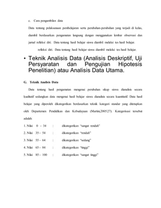 c. Cara pengambilan data 
Data tentang pelaksanaan pembelajaran serta perubahan-perubahan yang terjadi di kelas, 
diambil berdasarkan pengamatan langsung dengan menggunakan lembar observasi dan 
jurnal refleksi diri. Data tentang hasil belajar siswa diambil melalui tes hasil belajar. 
refleksi diri. Data tentang hasil belajar siswa diambil melalui tes hasil belajar. 
• Teknik Analisis Data (Analisis Deskriptif, Uji 
Persyaratan dan Pengujian Hipotesis 
Penelitian) atau Analisis Data Utama. 
G. Teknik Analisis Data 
Data tentang hasil pengamatan mengenai perubahan sikap siswa dianalisis secara 
kualitatif sedangkan data mengenai hasil belajar siswa dianalisis secara kuantitatif. Data hasil 
belajar yang diperoleh dikategorikan berdasarkan teknik kategori standar yang ditetapkan 
oleh Departemen Pendidikan dan Kebudayaan (Martini,2005:27). Kategorisasi tersebut 
adalah: 
1. Nilai 0 - 34 : dikategorikan “sangat rendah” 
2. Nilai 35 - 54 : dikategorikan “rendah” 
3. Nilai 55 - 64 : dikategorikan “sedang” 
4. Nilai 65 - 84 : dikategorikan “tinggi” 
5. Nilai 85 - 100 : dikategorikan “sangat tinggi” 
 