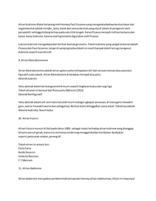 Aliran kubisme dilatar belakangi oleh konsep Paul Cezanne yang mengatakanbahwa bentuk dasar dari 
segala bentuk adalah silinder , bola, balok dan semua bentuk yang ada di dalam di pengaruhi oleh 
perspektif, sehingga bidang tertuju pada satu titik tengah. Karya Picasso menjadi insfirasi kemunculan 
karya- karya kubisme, karena motif geometris digunakan oleh Picasso. 
Lukisan kubisme mengedepankan bentuk-bentuk germetris. Tokoh kubisme yang sangat terkenal adalah 
Picasso dan Paul Cezanne, tetapi di samping kedua tokoh ini masih banyak tokoh lain yg menganut 
Kubisme seperti Juan Gris dll. 
9. Aliran Abstraksionisme 
Aliran Abstraksionime adalah aliran yg berusaha melepaskan diri dari sensasi-sensasi atau asosiasis 
figuratif suatu obyek. Aliran Abstraksionis di bedakan menjadi dua yaitu. 
Abstrak kubistis 
Yaitu abstrak dalam bentuk geometrik murni seperti lingkaran kubus dan segi tiga 
Tokoh aliraran ini berasal dari Rusia yaitu Malivich [1913] 
Abstrak Nonfiguratif 
Yaitu abstrak dalam arti seni lukis haruslah murni sebagai ugkapan perasaan, di mana garis mewakili 
garis ,warna mewakili warna dan sebagainya. Bentuk alami ditinggalkan sama sekali. Tokohnya adalah 
Wassily kadinsky, Naum Goba. 
10. Aliran Futuris 
Aliran Futuris muncul di Itali pada tahun 1909, sebagai reaksi terhadap aliran kubisme yang dianggap 
dinamis penuh gerak, karena itu temanya cenderung menggambarkan kesibukan-kesibukan 
seperti,pesta arak-arakan, perang dll. 
Tokoh aliran ini antara lain : 
Carlo Carra 
Buido Severini 
Umbirto Boccioni 
F.T Marineti 
11. Aliran dadaisme 
Aliran dadaisme merupakan pemberontak konsep dari konsep aliran sebelumnya. Aliran ini mepunyai 
 