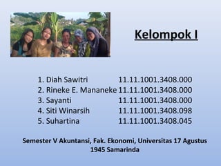 Kelompok I
1. Diah Sawitri
11.11.1001.3408.000
2. Rineke E. Mananeke 11.11.1001.3408.000
3. Sayanti
11.11.1001.3408.000
4. Siti Winarsih
11.11.1001.3408.098
5. Suhartina
11.11.1001.3408.045
Semester V Akuntansi, Fak. Ekonomi, Universitas 17 Agustus
1945 Samarinda

 