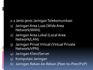 2.2 Jenis-jenis JaringanTelekomunikasi
1) Jaringan Area Luas (Wide Area
Network/WAN)
2) Jaringan Area Lokal (Local Area
Network/LAN)
3) Jaringan PrivatVirtual (Virtual Private
Network/VPN)
4) Jaringan Klien/Server
5) Komputasi Jaringan
6) Jaringan Rekan-ke-Rekan (Peer-to-Peer/P2P)
 