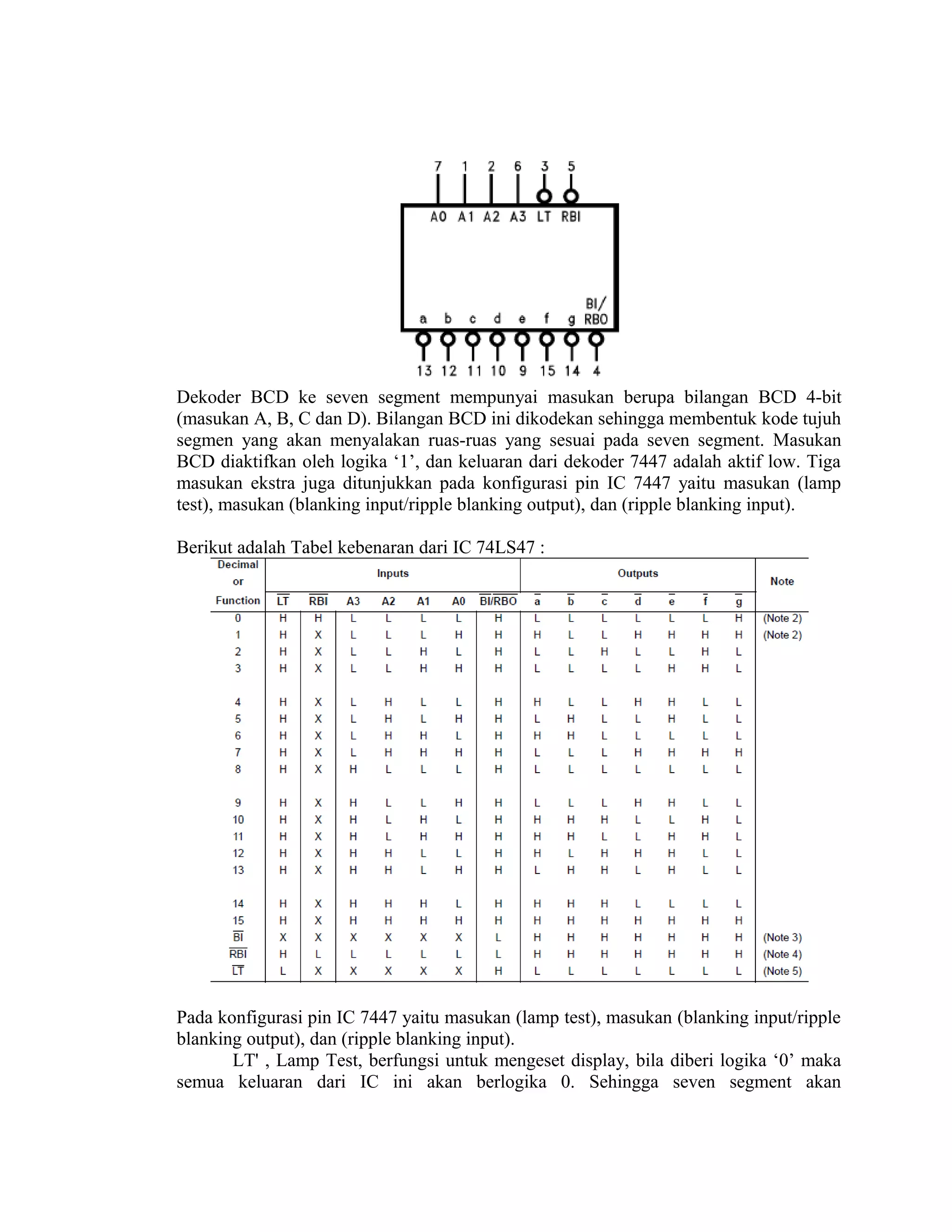 Dekoder BCD ke seven segment mempunyai masukan berupa bilangan BCD 4-bit
(masukan A, B, C dan D). Bilangan BCD ini dikodekan sehingga membentuk kode tujuh
segmen yang akan menyalakan ruas-ruas yang sesuai pada seven segment. Masukan
BCD diaktifkan oleh logika ‘1’, dan keluaran dari dekoder 7447 adalah aktif low. Tiga
masukan ekstra juga ditunjukkan pada konfigurasi pin IC 7447 yaitu masukan (lamp
test), masukan (blanking input/ripple blanking output), dan (ripple blanking input).
Berikut adalah Tabel kebenaran dari IC 74LS47 :
Pada konfigurasi pin IC 7447 yaitu masukan (lamp test), masukan (blanking input/ripple
blanking output), dan (ripple blanking input).
LT' , Lamp Test, berfungsi untuk mengeset display, bila diberi logika ‘0’ maka
semua keluaran dari IC ini akan berlogika 0. Sehingga seven segment akan
 