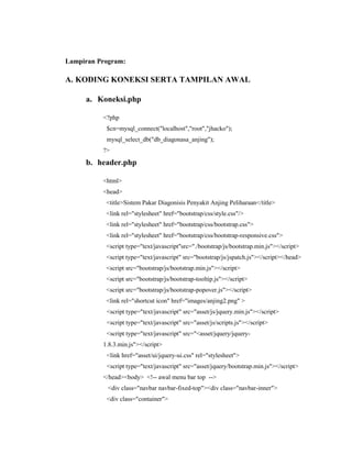 Lampiran Program:
A. KODING KONEKSI SERTA TAMPILAN AWAL
a. Koneksi.php
<?php
$cn=mysql_connect("localhost","root","jhacko");
mysql_select_db("db_diagonasa_anjing");
?>
b. header.php
<html>
<head>
<title>Sistem Pakar Diagonisis Penyakit Anjing Peliharaan</title>
<link rel="stylesheet" href="bootstrap/css/style.css"/>
<link rel="stylesheet" href="bootstrap/css/bootstrap.css">
<link rel="stylesheet" href="bootstrap/css/bootstrap-responsive.css">
<script type="text/javascript"src="./bootstrap/js/bootstrap.min.js"></script>
<script type="text/javascript" src="bootstrap/js/jspatch.js"></script></head>
<script src="bootstrap/js/bootstrap.min.js"></script>
<script src="bootstrap/js/bootstrap-tooltip.js"></script>
<script src="bootstrap/js/bootstrap-popover.js"></script>
<link rel="shortcut icon" href="images/anjing2.png" >
<script type="text/javascript" src="asset/js/jquery.min.js"></script>
<script type="text/javascript" src="asset/js/scripts.js"></script>
<script type="text/javascript" src="<asset/jquery/jquery-
1.8.3.min.js"></script>
<link href="asset/ui/jquery-ui.css" rel="stylesheet">
<script type="text/javascript" src="asset/jquery/bootstrap.min.js"></script>
</head><body> <!-- awal menu bar top -->
<div class="navbar navbar-fixed-top"><div class="navbar-inner">
<div class="container">
 