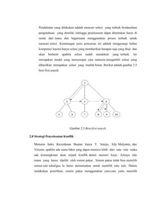 Pendekatan yang dilakukan adalah mencari solusi yang terbaik berdasarkan
pengetahuan yang dimiliki sehingga penelusuran dapat ditentukan harus di
mulai dari mana dan bagaimana menggunakan proses terbaik untuk
mencari solusi. Keuntungan jenis pencarian ini adalah mengurangi beban
komputasi karena hanya solusi yang memberikan harapan saja yang diuji dan
akan berhenti apabila solusi sudah mendekati yang terbaik. Ini
merupakan model yang menyerupai cara manusia mengambil solusi yang
dihasilkan merupakan solusi yang mutlak benar. Berikut adalah gambar 2.5
best first search.
Gambar 2.5 Best-first search
2.8 Strategi Penyelesaian Konflik
Menurut buku Kecerdasan Buatan karya T. Sutojo, Edy Mulyanto, dan
Vincent, apabila ada suatu fakta yang dapat memicu lebih dari satu rule maka
ada kemungkinan akan terjadi konflik dalam memori kerja. Artinya rule
mana yang harus dipilih oleh sistem pakar. Sistem pakar tidak bisa memilih
semua rule sekaligus. Ia harus memutuskan untuk memilih satu rule. Dalam
melakukan pemilihan, sistem pakar menggunakan cara-cara yaitu memilih
 
