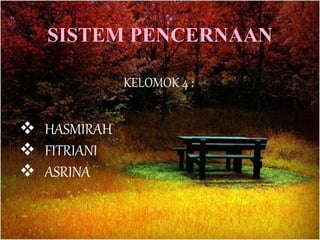SISTEM PENCERNAAN
KELOMOK 4 :
 HASMIRAH
 FITRIANI
 ASRINA
 