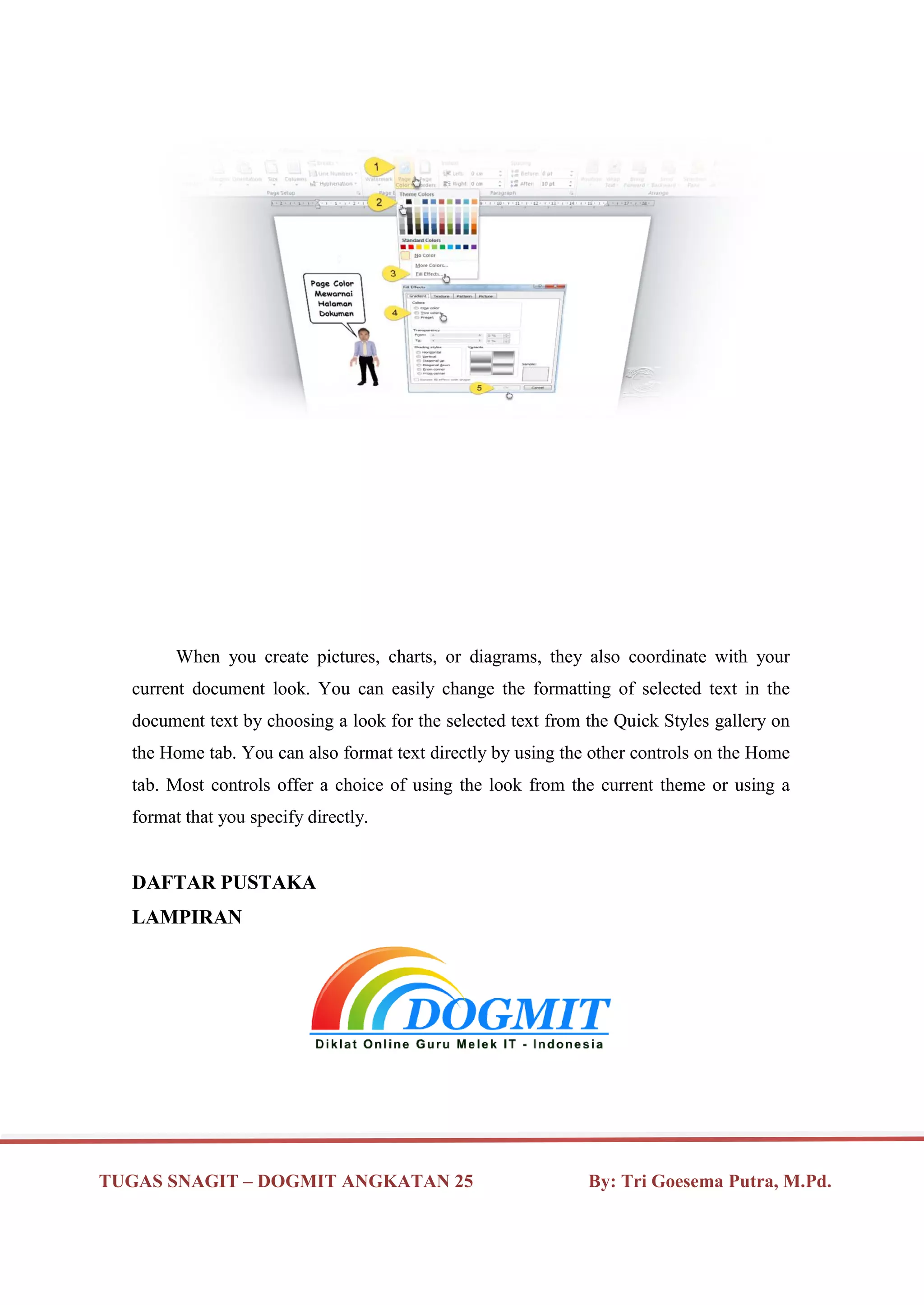 TUGAS SNAGIT – DOGMIT ANGKATAN 25 By: Tri Goesema Putra, M.Pd.
When you create pictures, charts, or diagrams, they also coordinate with your
current document look. You can easily change the formatting of selected text in the
document text by choosing a look for the selected text from the Quick Styles gallery on
the Home tab. You can also format text directly by using the other controls on the Home
tab. Most controls offer a choice of using the look from the current theme or using a
format that you specify directly.
DAFTAR PUSTAKA
LAMPIRAN
 