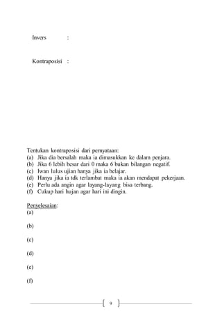 9
Invers :
Kontraposisi :
Tentukan kontraposisi dari pernyataan:
(a) Jika dia bersalah maka ia dimasukkan ke dalam penjara.
(b) Jika 6 lebih besar dari 0 maka 6 bukan bilangan negatif.
(c) Iwan lulus ujian hanya jika ia belajar.
(d) Hanya jika ia tdk terlambat maka ia akan mendapat pekerjaan.
(e) Perlu ada angin agar layang-layang bisa terbang.
(f) Cukup hari hujan agar hari ini dingin.
Penyelesaian:
(a)
(b)
(c)
(d)
(e)
(f)
 