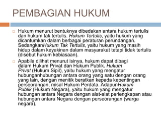 PEMBAGIAN HUKUM 
 Hukum menurut bentuknya dibedakan antara hukum tertulis 
dan hukum tak tertulis. Hukum Tertulis, yaitu hukum yang 
dicantumkan dalam berbagai peraturan perundangan. 
SedangkanHukum Tak Tertulis, yaitu hukum yang masih 
hidup dalam keyakinan dalam masyarakat tetapi tidak tertulis 
(disebut hukum kebiasaan). 
 Apabila dilihat menurut isinya, hukum dapat dibagi 
dalam Hukum Privat dan Hukum Publik. Hukum 
Privat (Hukum Sipil), yaitu hukum yang mengatur 
hubunganhubungan antara orang yang satu dengan orang 
yang lain, dengan menitik beratkan kepada kepentingan 
perseorangan, misal Hukum Perdata. AdapunHukum 
Publik (Hukum Negara), yaitu hukum yang mengatur 
hubungan antara Negara dengan alat-alat perlengkapan atau 
hubungan antara Negara dengan perseorangan (warga 
negara). 
 